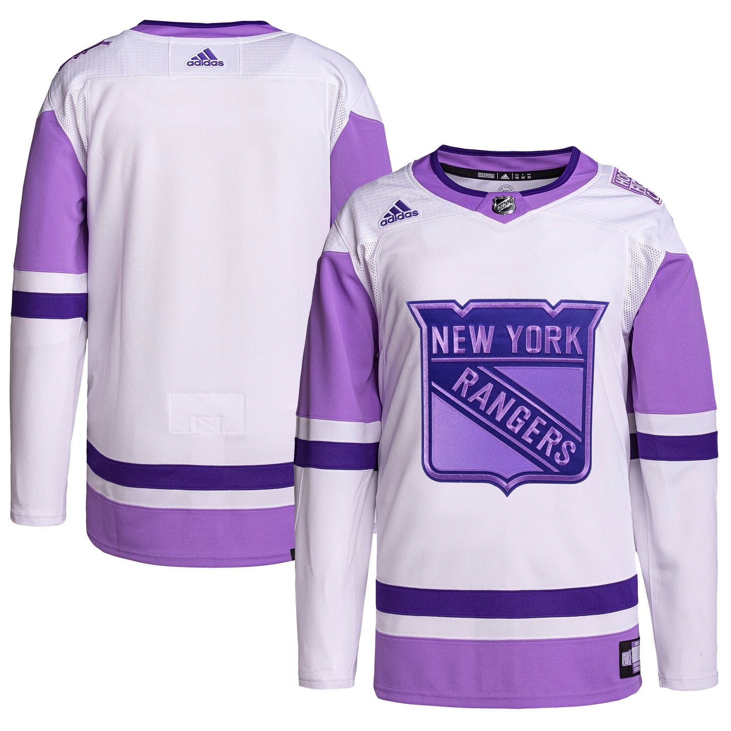 New York Rangers adidas Hockey Fights Cancer Primegreen Authentic Blank Practice Jersey - White/Purple