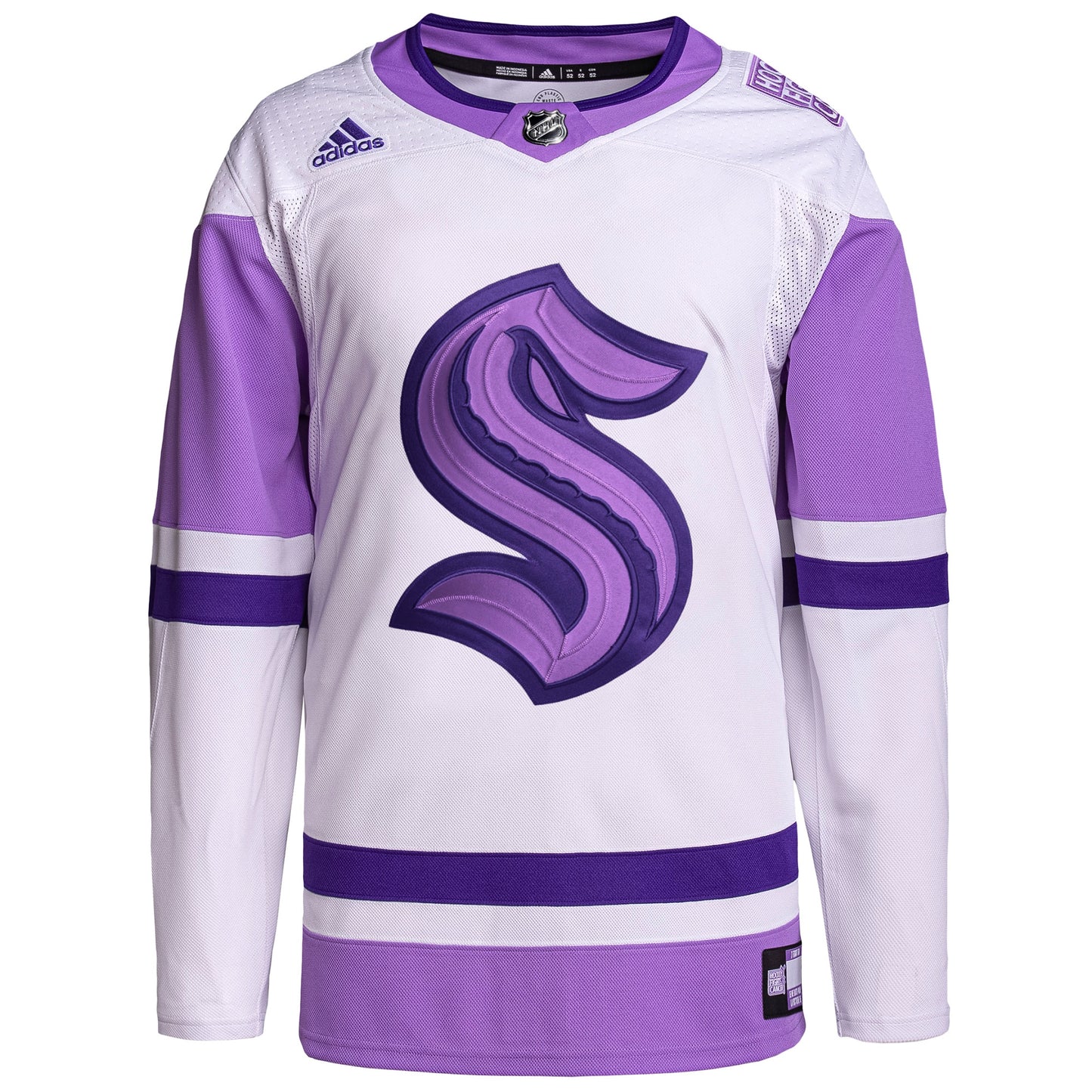 Seattle Kraken adidas Hockey Fights Cancer Primegreen Authentic Blank Practice Jersey - White/Purple